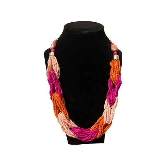 Multi Strand Intertwined Seed Bead Statement Necklace • Pink & Coral • NWOT - Picture 1 of 5